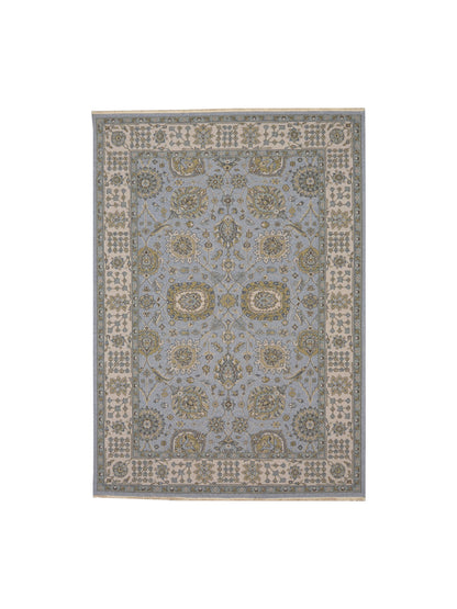 L.Blue and Ivory, Pure Wool Lo-Pile Traditional Soumak Handknotted 6.2x8.9Ft 189x266Cms Area Rug
