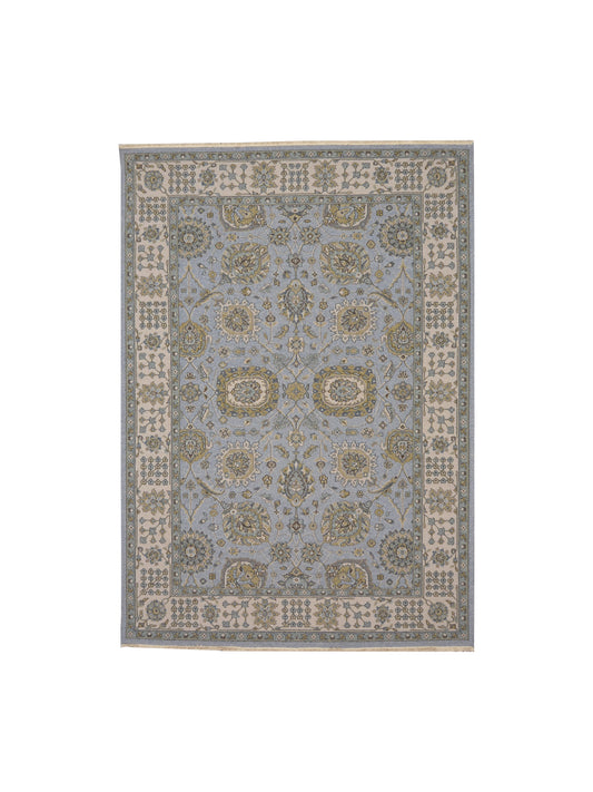L.Blue and Ivory, Pure Wool Lo-Pile Traditional Soumak Handknotted 6.2x8.9Ft 189x266Cms Area Rug