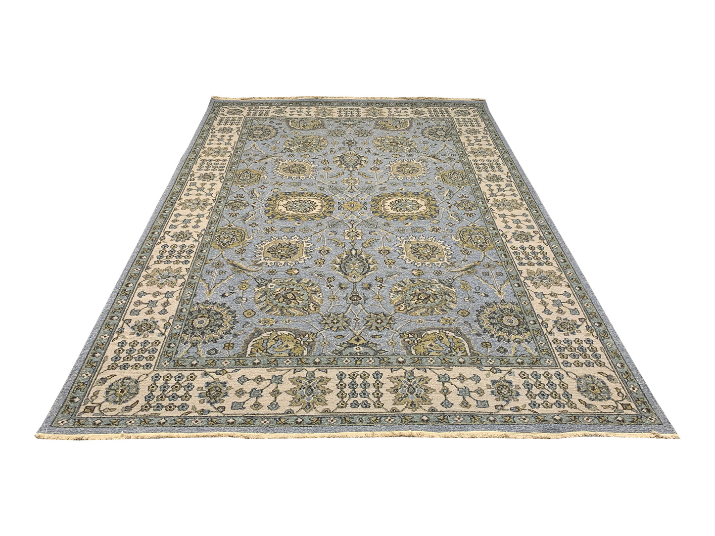 L.Blue and Ivory, Pure Wool Lo-Pile Traditional Soumak Handknotted 6.2x8.9Ft 189x266Cms Area Rug