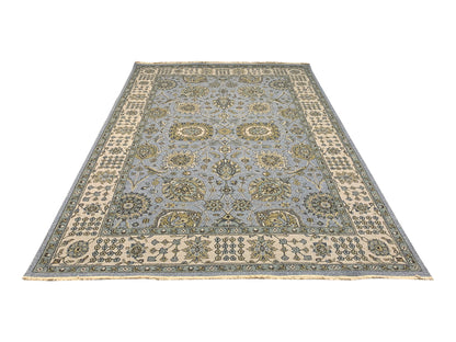 L.Blue and Ivory, Pure Wool Lo-Pile Traditional Soumak Handknotted 6.2x8.9Ft 189x266Cms Area Rug