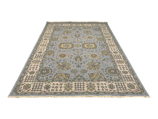 L.Blue and Ivory, Pure Wool Lo-Pile Traditional Soumak Handknotted 6.2x8.9Ft 189x266Cms Area Rug