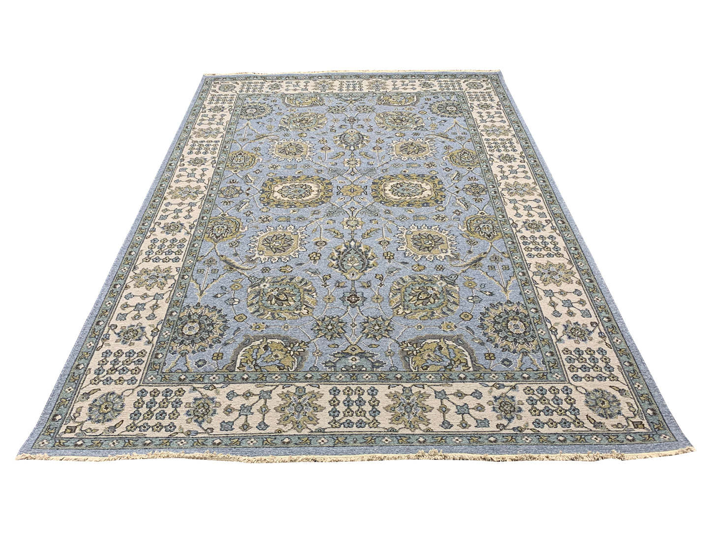 L.Blue and Ivory, Pure Wool Lo-Pile Traditional Soumak Handknotted 6.2x8.9Ft 189x266Cms Area Rug