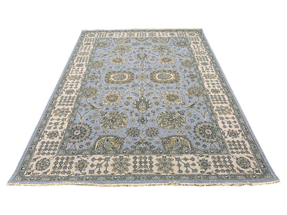 L.Blue and Ivory, Pure Wool Lo-Pile Traditional Soumak Handknotted 6.2x8.9Ft 189x266Cms Area Rug