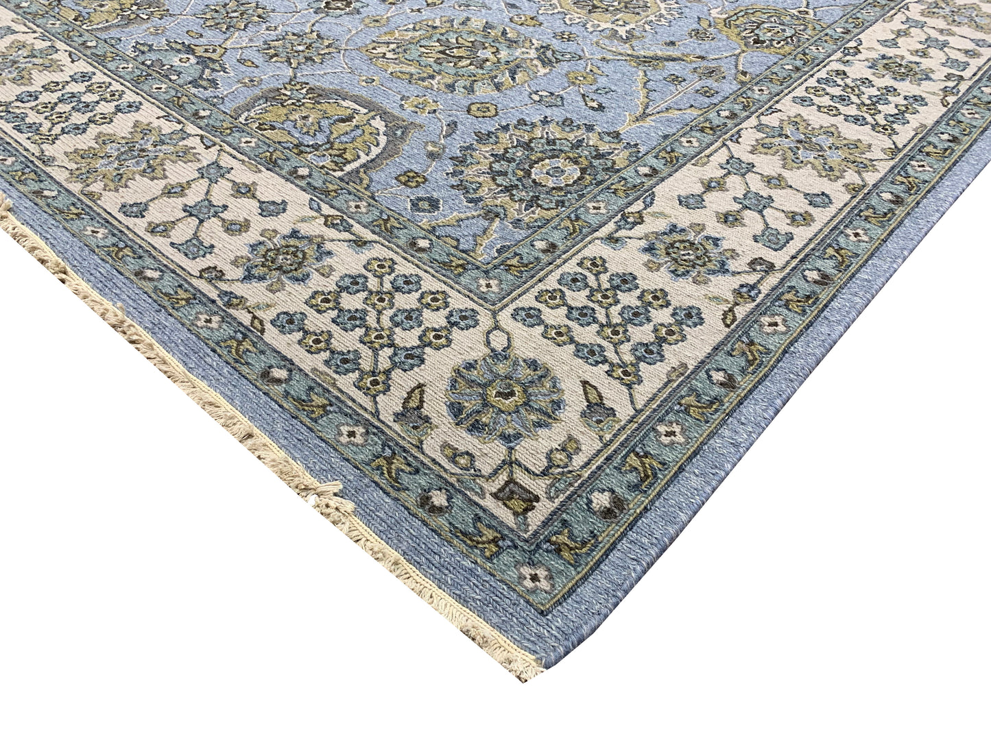 L.Blue and Ivory, Pure Wool Lo-Pile Traditional Soumak Handknotted 6.2x8.9Ft 189x266Cms Area Rug