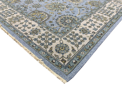 L.Blue and Ivory, Pure Wool Lo-Pile Traditional Soumak Handknotted 6.2x8.9Ft 189x266Cms Area Rug