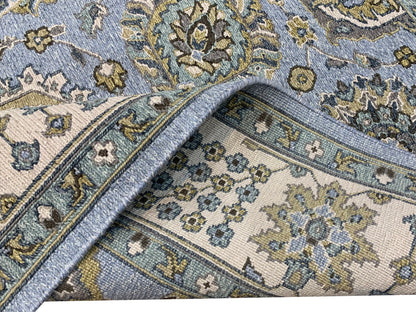 L.Blue and Ivory, Pure Wool Lo-Pile Traditional Soumak Handknotted 6.2x8.9Ft 189x266Cms Area Rug