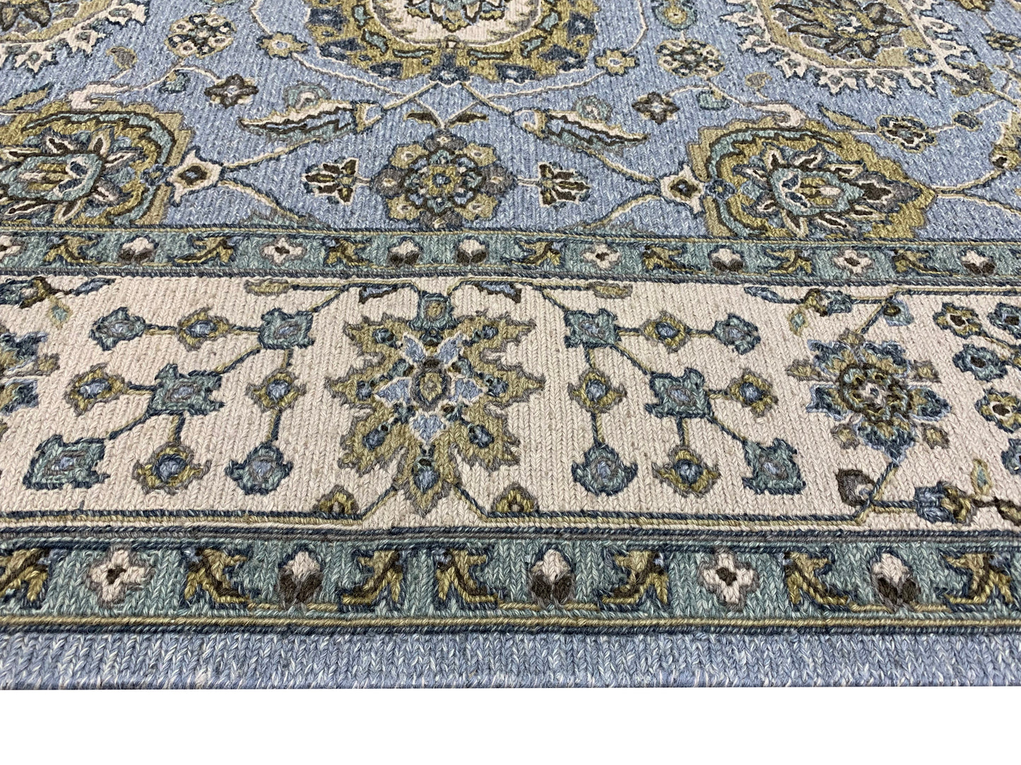 L.Blue and Ivory, Pure Wool Lo-Pile Traditional Soumak Handknotted 6.2x8.9Ft 189x266Cms Area Rug