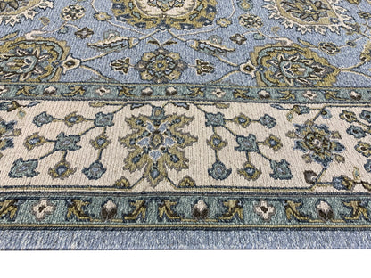 L.Blue and Ivory, Pure Wool Lo-Pile Traditional Soumak Handknotted 6.2x8.9Ft 189x266Cms Area Rug