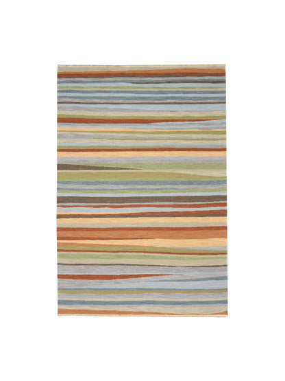Grey and Multy, Pure Wool Lo-Pile Modern Strips Soumak Handknotted 6.2x9.0Ft 187x275Cms Area Rug