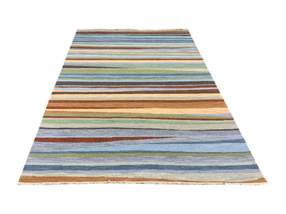 Grey and Multy, Pure Wool Lo-Pile Modern Strips Soumak Handknotted 6.2x9.0Ft 187x275Cms Area Rug