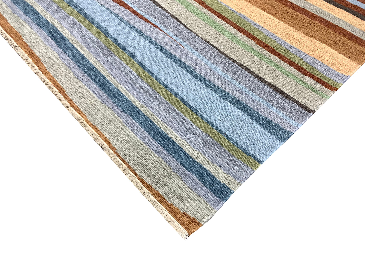 Grey and Multy, Pure Wool Lo-Pile Modern Strips Soumak Handknotted 6.2x9.0Ft 187x275Cms Area Rug