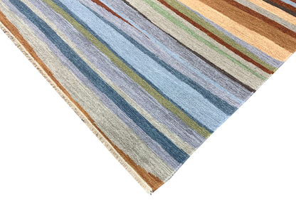 Grey and Multy, Pure Wool Lo-Pile Modern Strips Soumak Handknotted 6.2x9.0Ft 187x275Cms Area Rug
