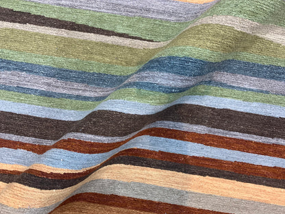 Grey and Multy, Pure Wool Lo-Pile Modern Strips Soumak Handknotted 6.2x9.0Ft 187x275Cms Area Rug
