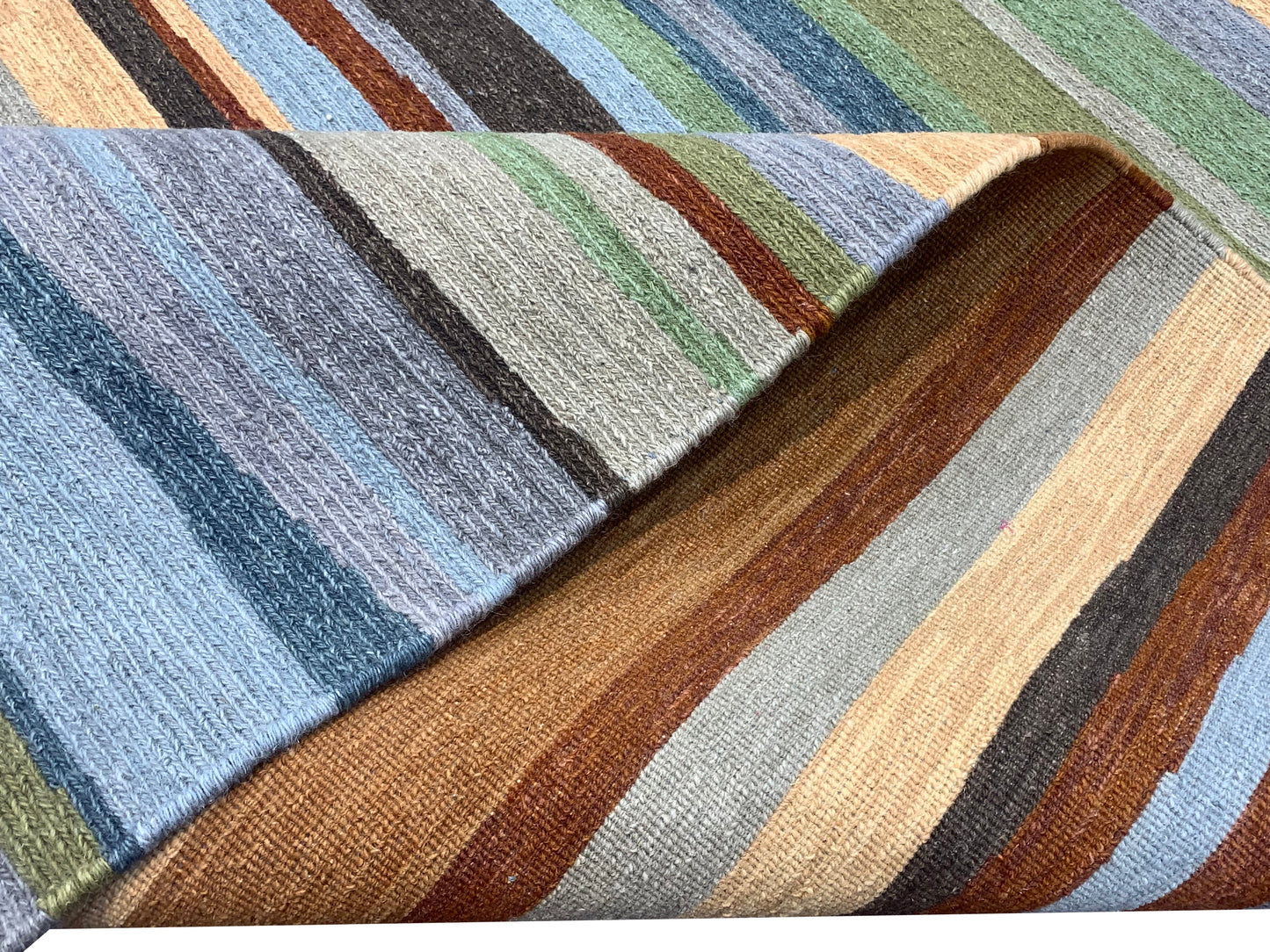 Grey and Multy, Pure Wool Lo-Pile Modern Strips Soumak Handknotted 6.2x9.0Ft 187x275Cms Area Rug