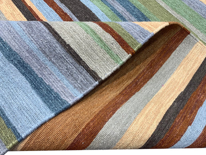 Grey and Multy, Pure Wool Lo-Pile Modern Strips Soumak Handknotted 6.2x9.0Ft 187x275Cms Area Rug