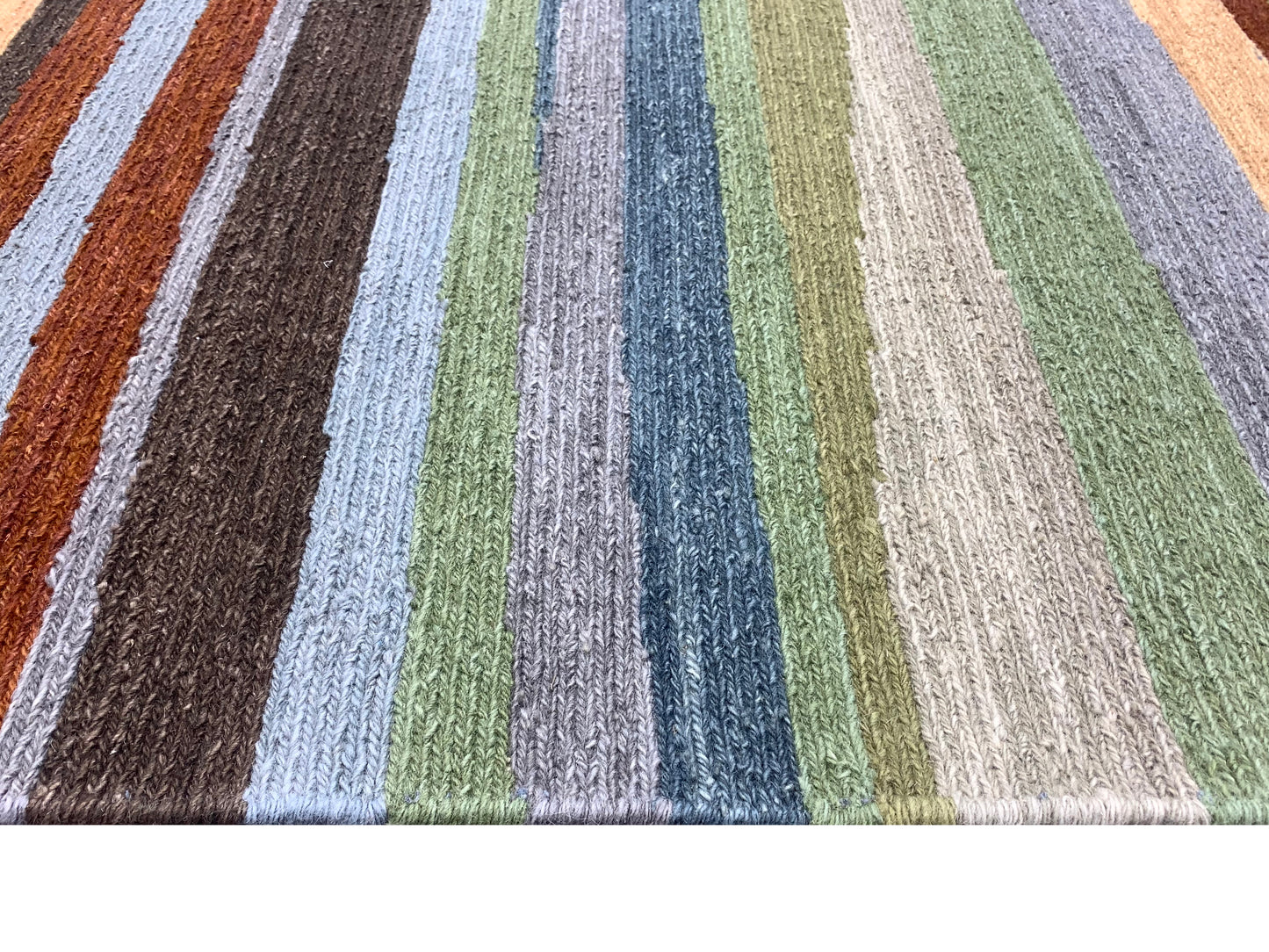 Grey and Multy, Pure Wool Lo-Pile Modern Strips Soumak Handknotted 6.2x9.0Ft 187x275Cms Area Rug