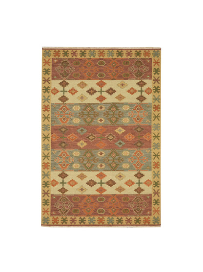 Rust and Multy, Pure Wool Lo-Pile Traditional Soumak Kazak Handknotted 6.1x8.11Ft 186x273Cms Area Rug