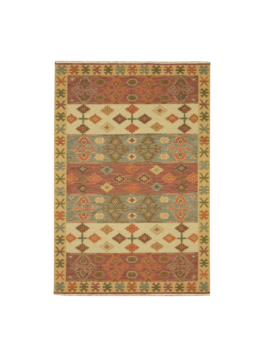 Rust and Multy, Pure Wool Lo-Pile Traditional Soumak Kazak Handknotted 6.1x8.11Ft 186x273Cms Area Rug