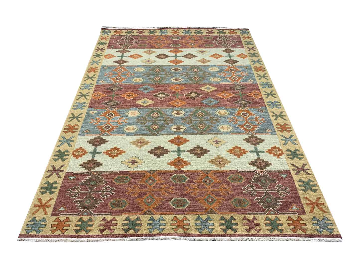 Rust and Multy, Pure Wool Lo-Pile Traditional Soumak Kazak Handknotted 6.1x8.11Ft 186x273Cms Area Rug