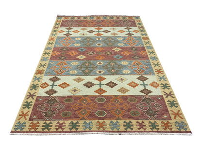 Rust and Multy, Pure Wool Lo-Pile Traditional Soumak Kazak Handknotted 6.1x8.11Ft 186x273Cms Area Rug