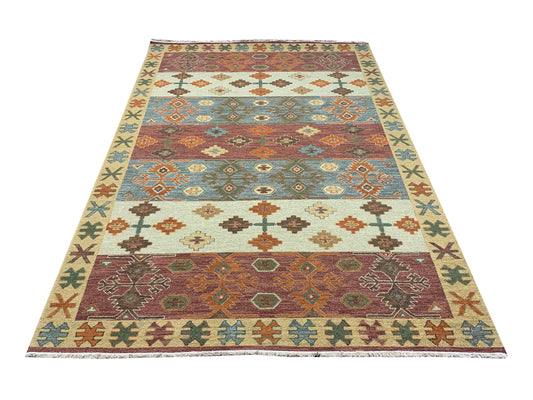 Rust and Multy, Pure Wool Lo-Pile Traditional Soumak Kazak Handknotted 6.1x8.11Ft 186x273Cms Area Rug