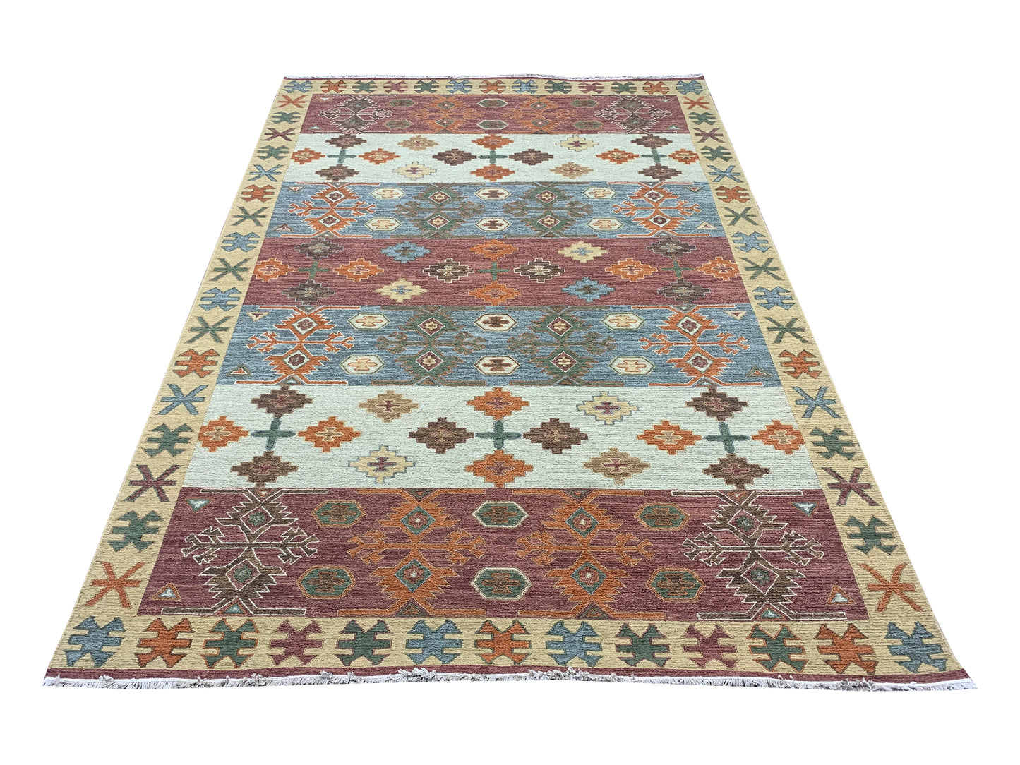 Rust and Multy, Pure Wool Lo-Pile Traditional Soumak Kazak Handknotted 6.1x8.11Ft 186x273Cms Area Rug