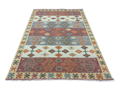Rust and Multy, Pure Wool Lo-Pile Traditional Soumak Kazak Handknotted 6.1x8.11Ft 186x273Cms Area Rug