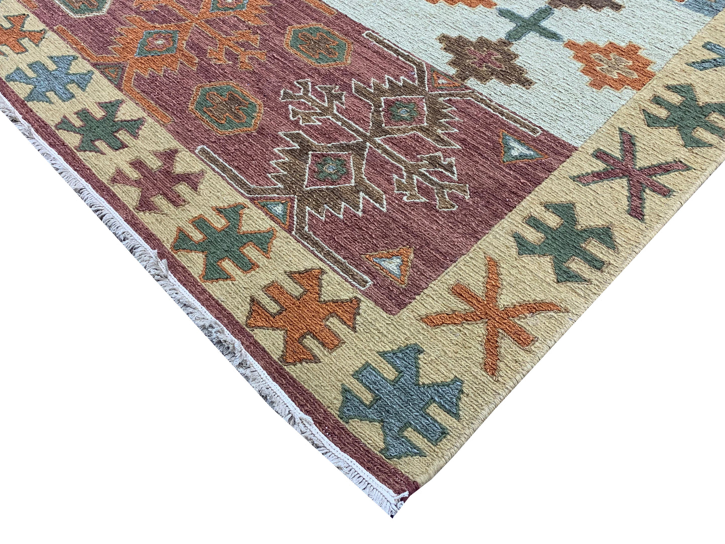 Rust and Multy, Pure Wool Lo-Pile Traditional Soumak Kazak Handknotted 6.1x8.11Ft 186x273Cms Area Rug