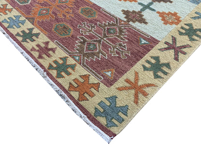 Rust and Multy, Pure Wool Lo-Pile Traditional Soumak Kazak Handknotted 6.1x8.11Ft 186x273Cms Area Rug