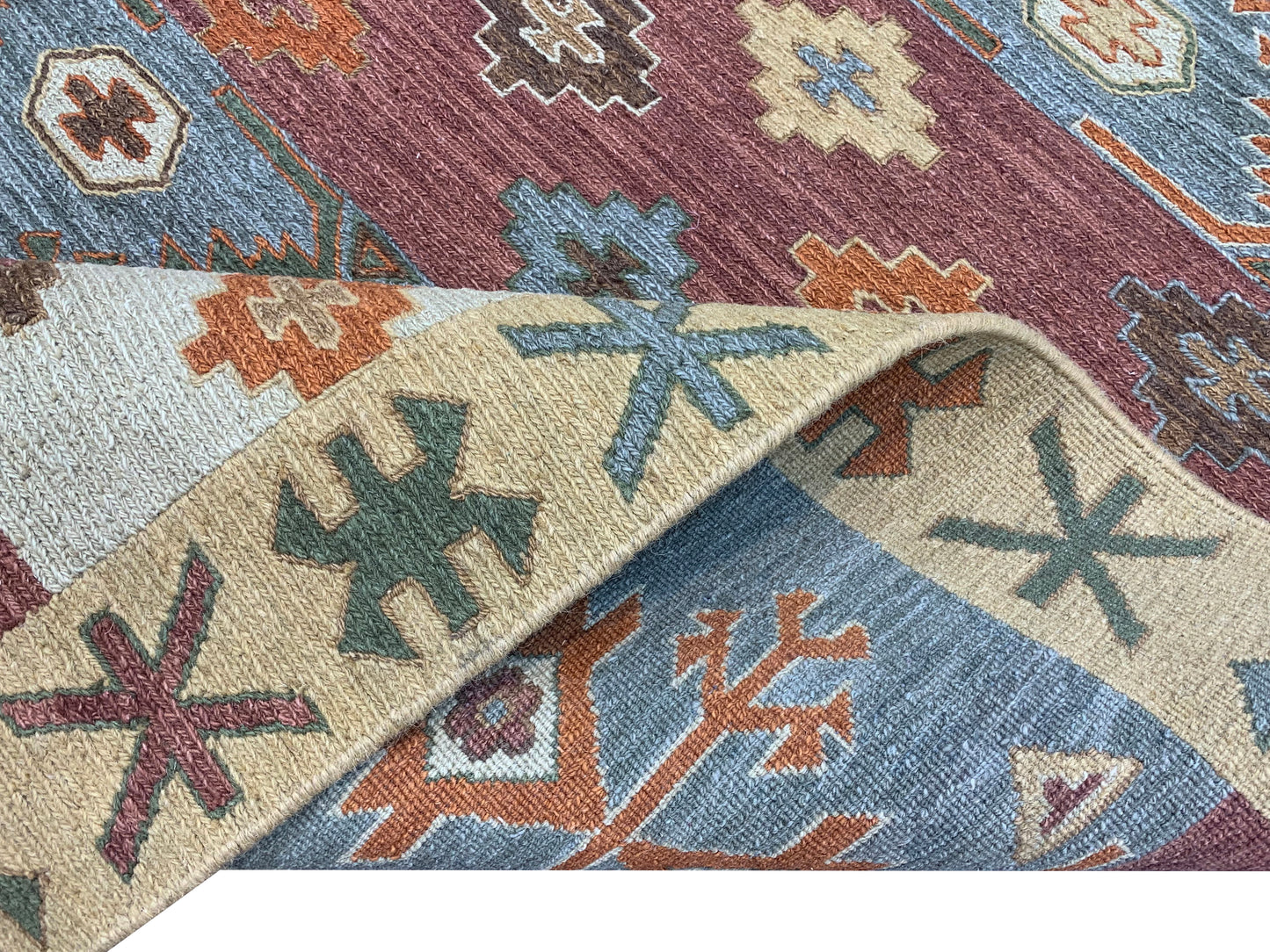 Rust and Multy, Pure Wool Lo-Pile Traditional Soumak Kazak Handknotted 6.1x8.11Ft 186x273Cms Area Rug