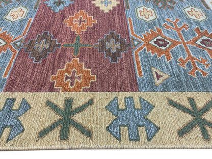Rust and Multy, Pure Wool Lo-Pile Traditional Soumak Kazak Handknotted 6.1x8.11Ft 186x273Cms Area Rug