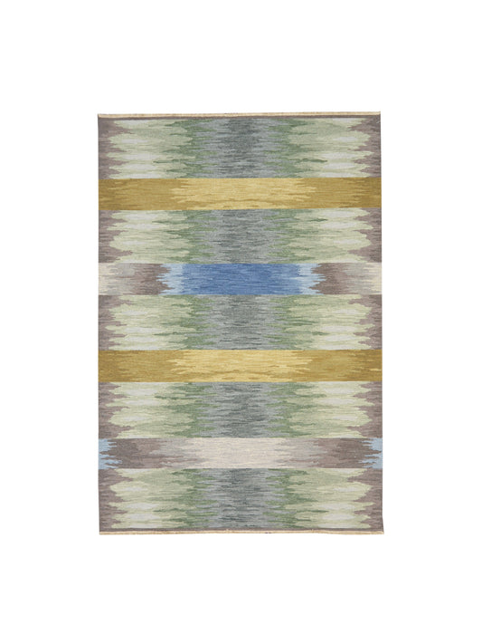 Grey and Multy, Pure Wool Lo-Pile Modern Canvas Soumak Handknotted 6.1x8.11Ft 186x272Cms Area Rug