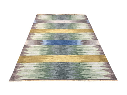 Grey and Multy, Pure Wool Lo-Pile Modern Canvas Soumak Handknotted 6.1x8.11Ft 186x272Cms Area Rug