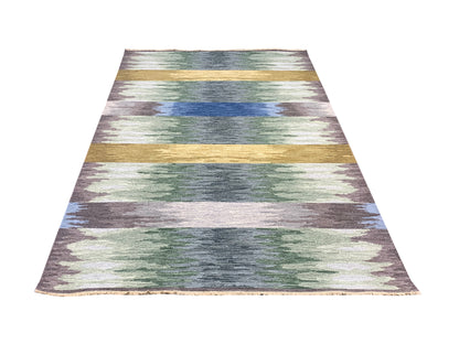 Grey and Multy, Pure Wool Lo-Pile Modern Canvas Soumak Handknotted 6.1x8.11Ft 186x272Cms Area Rug