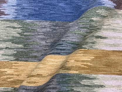 Grey and Multy, Pure Wool Lo-Pile Modern Canvas Soumak Handknotted 6.1x8.11Ft 186x272Cms Area Rug