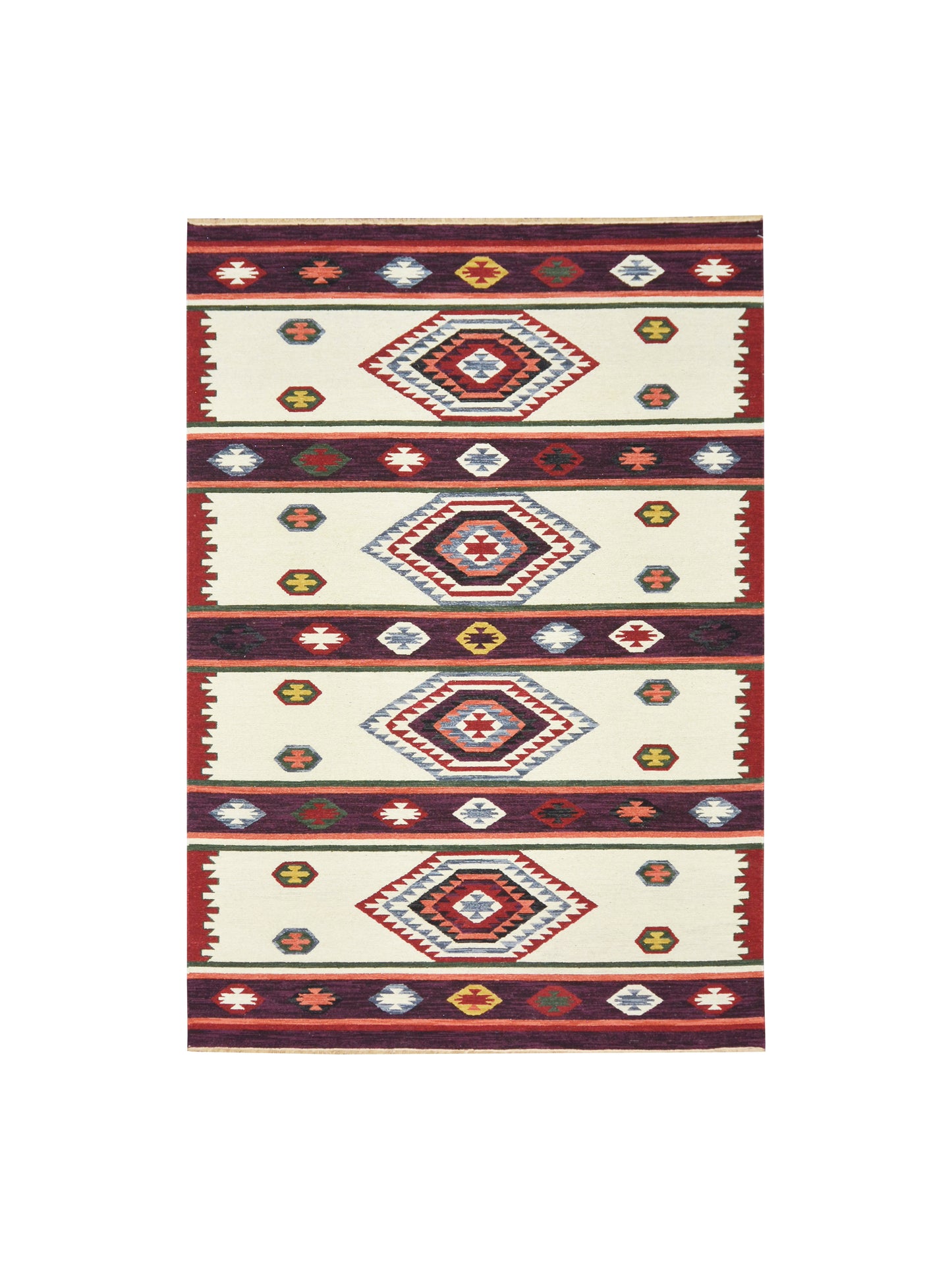 Ivory and Red, Pure Wool Lo-Pile Modern Geometrical Soumak Handknotted 6.2x8.11Ft 188x273Cms Area Rug