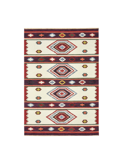 Ivory and Red, Pure Wool Lo-Pile Modern Geometrical Soumak Handknotted 6.2x8.11Ft 188x273Cms Area Rug