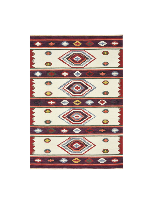 Ivory and Red, Pure Wool Lo-Pile Modern Geometrical Soumak Handknotted 6.2x8.11Ft 188x273Cms Area Rug