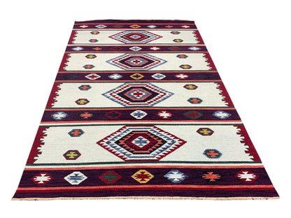 Ivory and Red, Pure Wool Lo-Pile Modern Geometrical Soumak Handknotted 6.2x8.11Ft 188x273Cms Area Rug