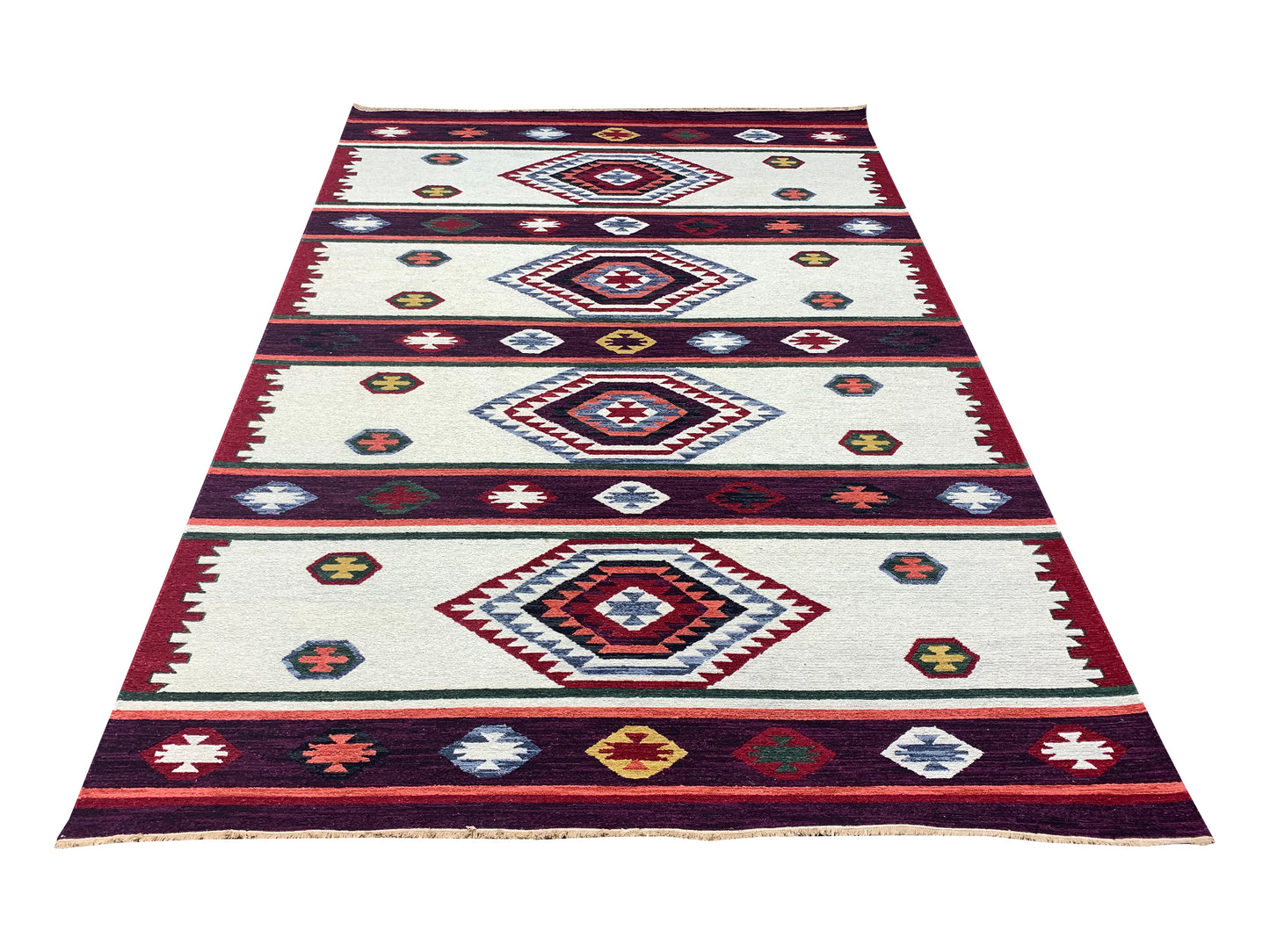 Ivory and Red, Pure Wool Lo-Pile Modern Geometrical Soumak Handknotted 6.2x8.11Ft 188x273Cms Area Rug