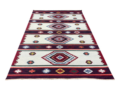 Ivory and Red, Pure Wool Lo-Pile Modern Geometrical Soumak Handknotted 6.2x8.11Ft 188x273Cms Area Rug