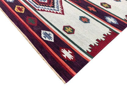 Ivory and Red, Pure Wool Lo-Pile Modern Geometrical Soumak Handknotted 6.2x8.11Ft 188x273Cms Area Rug