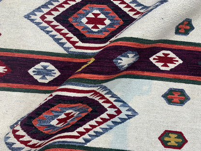 Ivory and Red, Pure Wool Lo-Pile Modern Geometrical Soumak Handknotted 6.2x8.11Ft 188x273Cms Area Rug