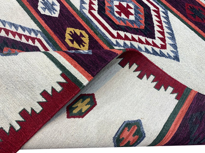 Ivory and Red, Pure Wool Lo-Pile Modern Geometrical Soumak Handknotted 6.2x8.11Ft 188x273Cms Area Rug