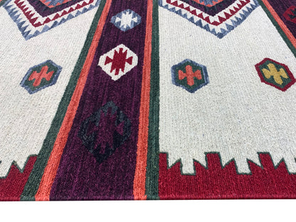Ivory and Red, Pure Wool Lo-Pile Modern Geometrical Soumak Handknotted 6.2x8.11Ft 188x273Cms Area Rug