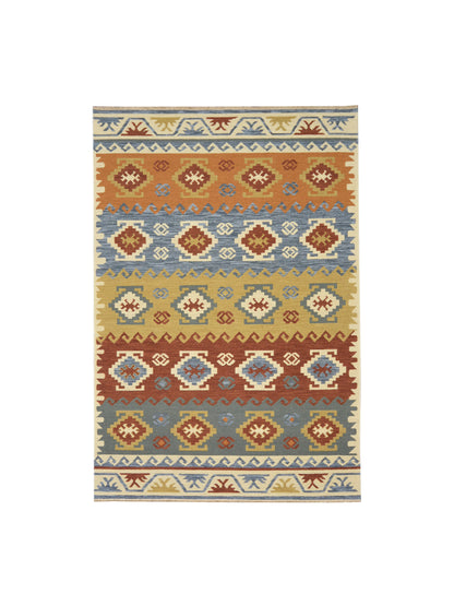 Ivory and Multy, Pure Wool Lo-Pile Traditional Kazak Soumak Handknotted 6.1x8.11Ft 185x272Cms Area Rug
