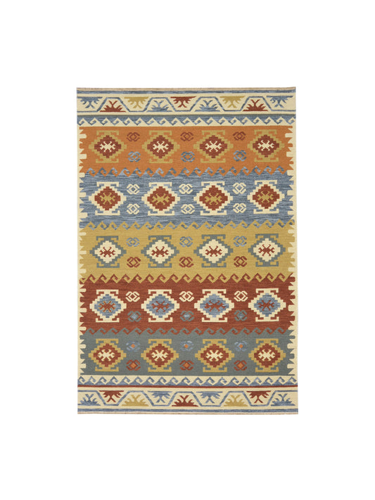 Ivory and Multy, Pure Wool Lo-Pile Traditional Kazak Soumak Handknotted 6.1x8.11Ft 185x272Cms Area Rug