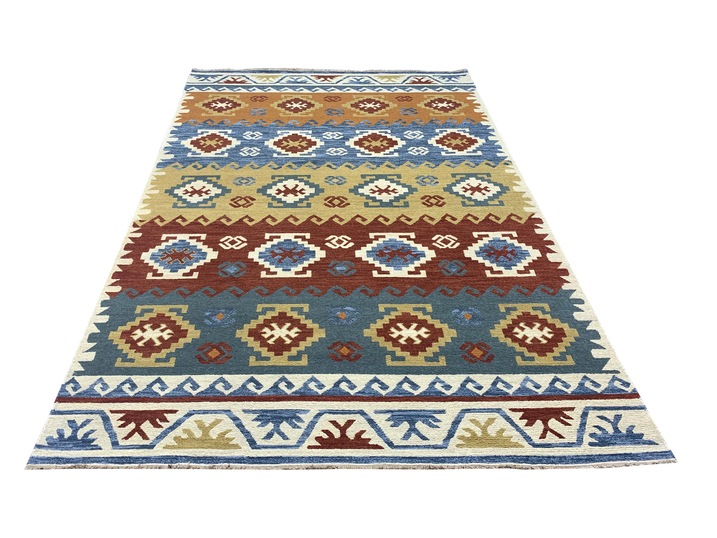 Ivory and Multy, Pure Wool Lo-Pile Traditional Kazak Soumak Handknotted 6.1x8.11Ft 185x272Cms Area Rug