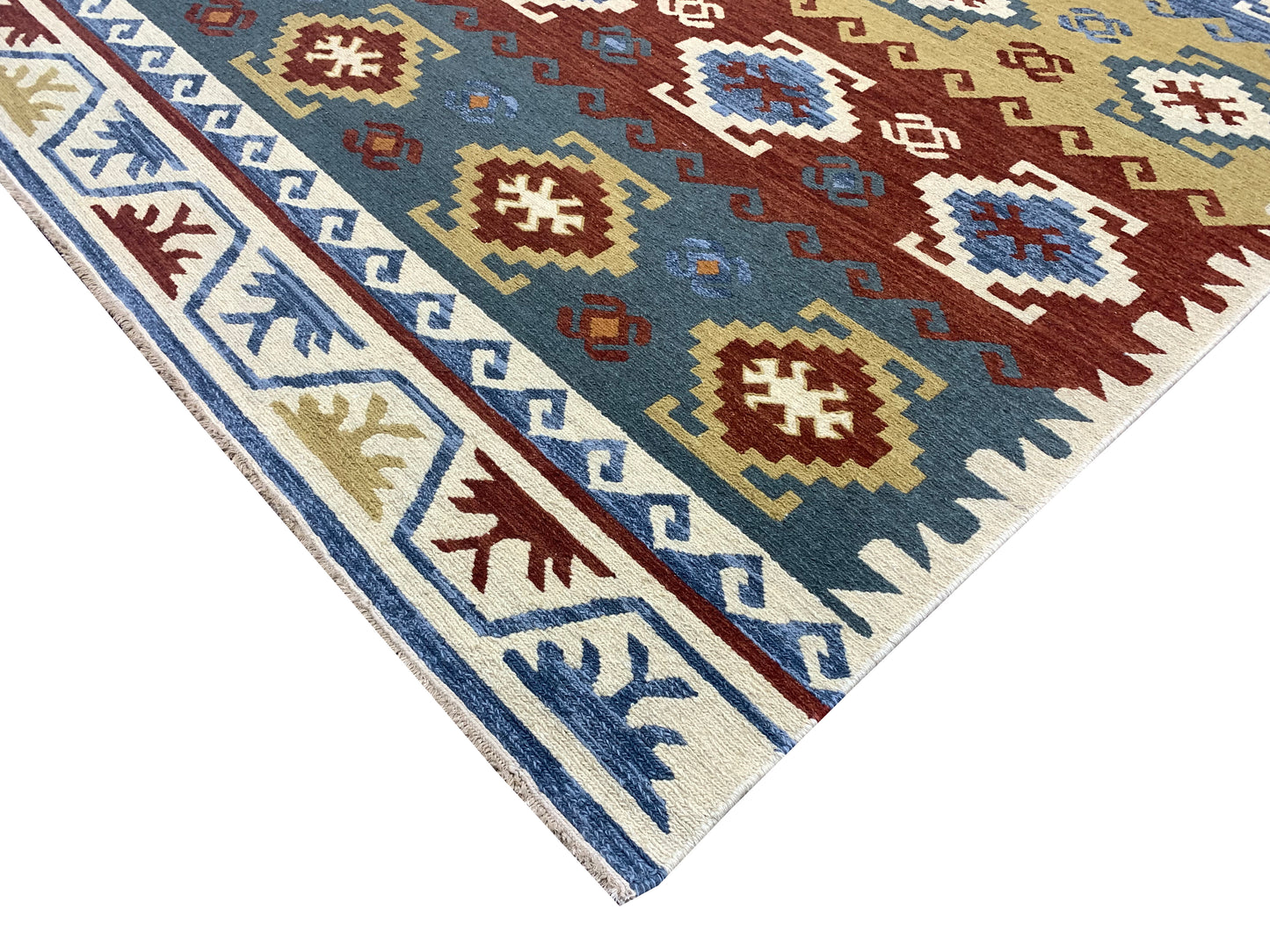 Ivory and Multy, Pure Wool Lo-Pile Traditional Kazak Soumak Handknotted 6.1x8.11Ft 185x272Cms Area Rug