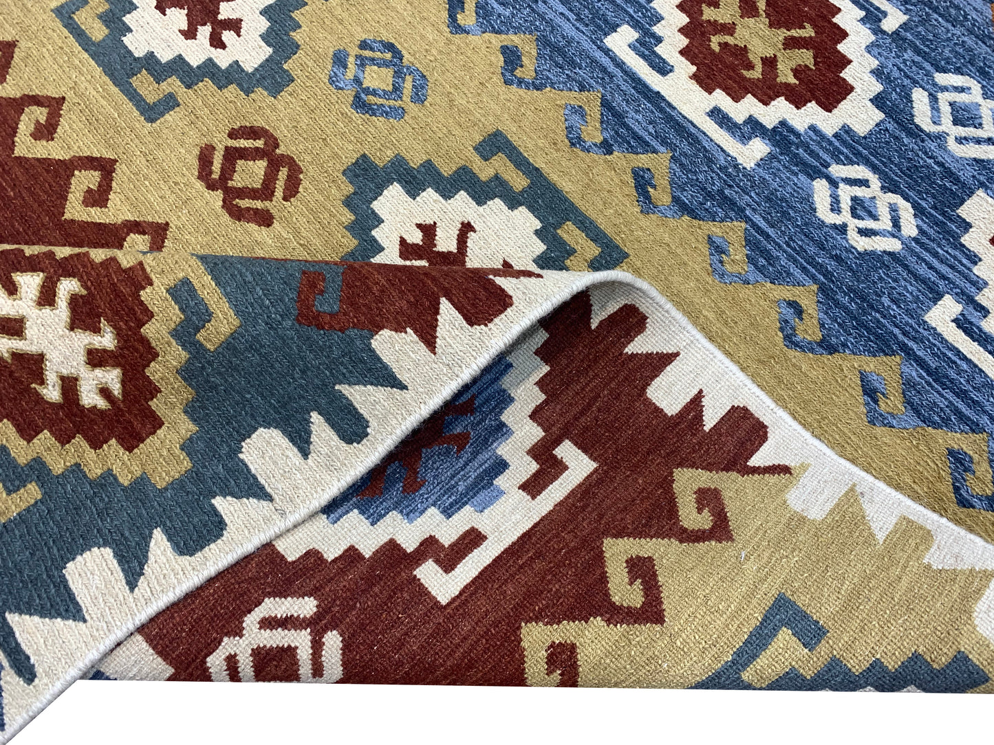 Ivory and Multy, Pure Wool Lo-Pile Traditional Kazak Soumak Handknotted 6.1x8.11Ft 185x272Cms Area Rug